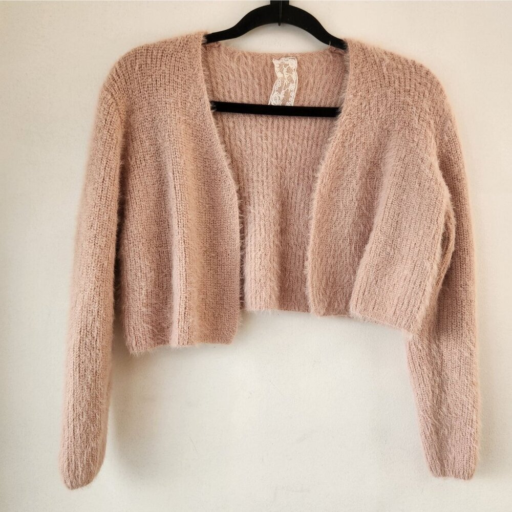 Sadie & Sage Pink Cropped Open Front Cardigan Sweater Fuzzy Eyelash Size S
